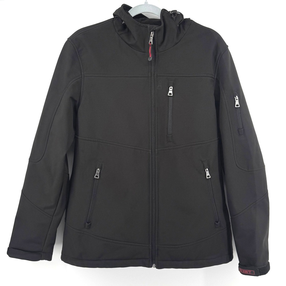 Guess Softshell Jacket Mens M Black Hooded Full Zip Tech Windbreaker Gorpcore